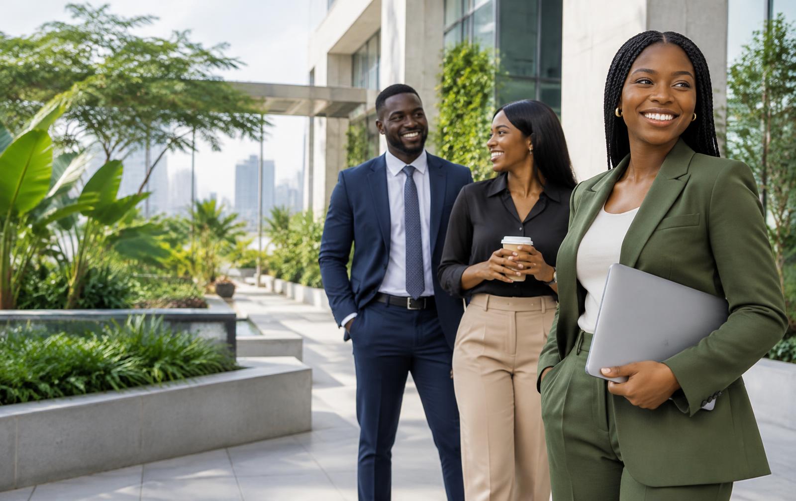 African salaried professionals enjoying a break at a modern workplace